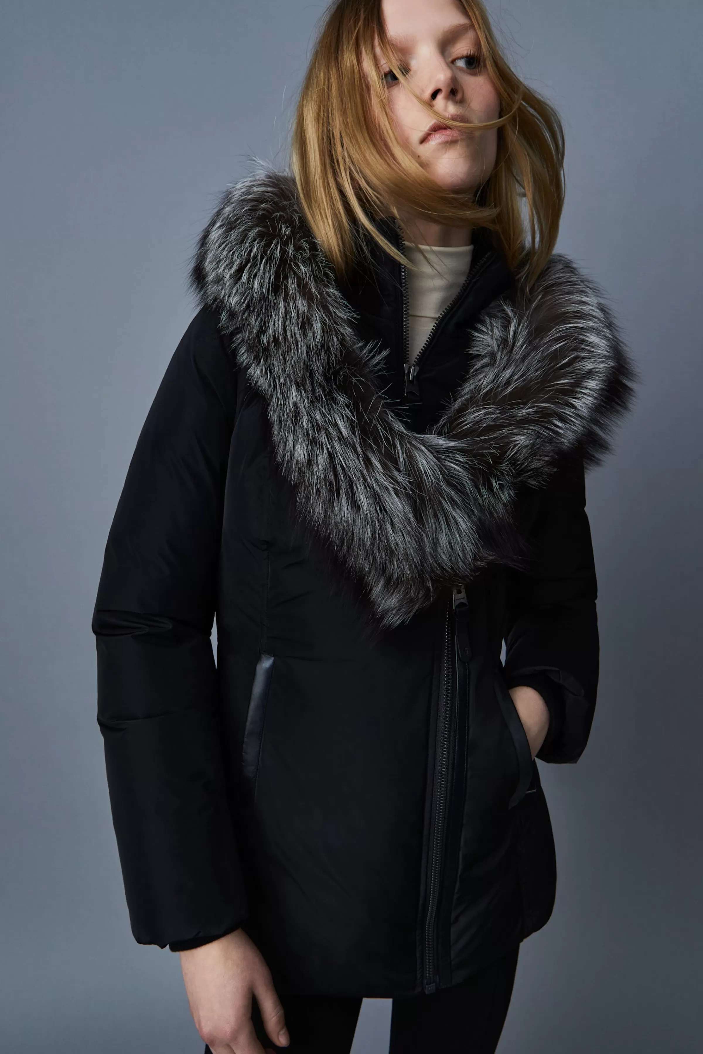 Adali, Down Coat With Silver Fox Fur Signature Collar For Ladies | ® US | Mackage Store