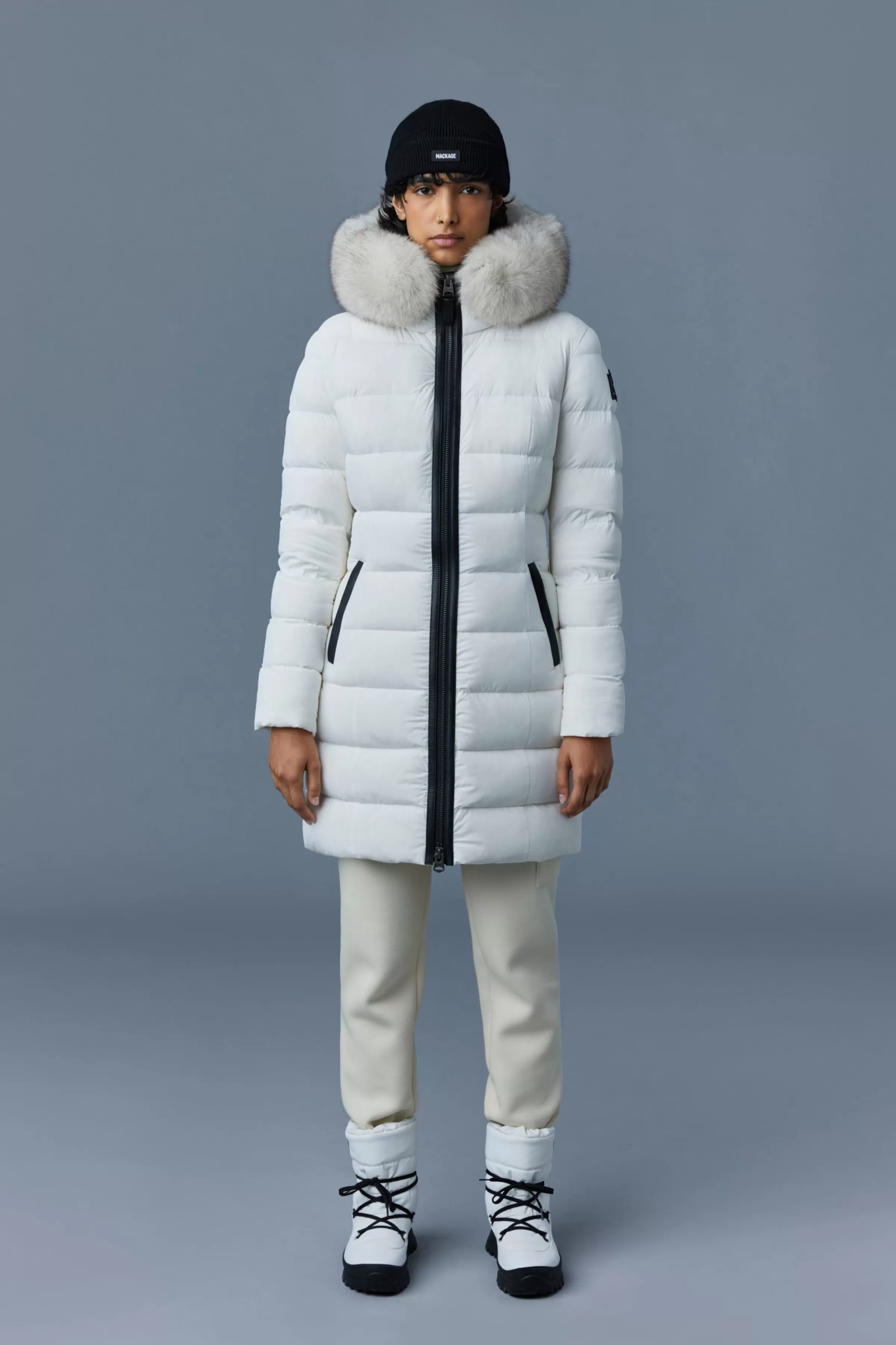 Calla, Agile-360 Stretch Light Down Coat With Blue Fox Fur Collar For Ladies | ® US | Mackage Fashion