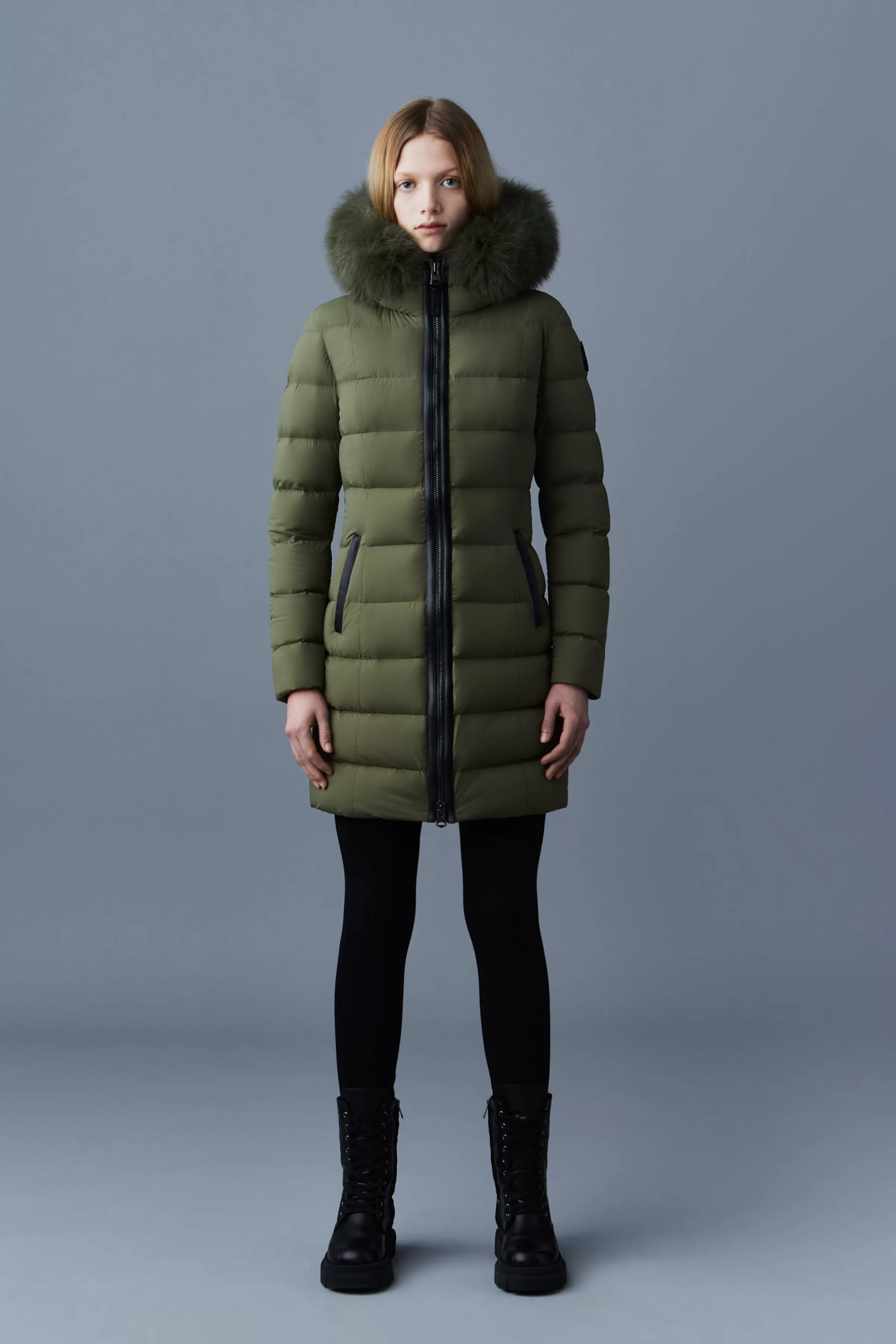 Calla, Agile-360 Stretch Light Down Coat With Blue Fox Fur Collar For Ladies | ® US | Mackage Fashion