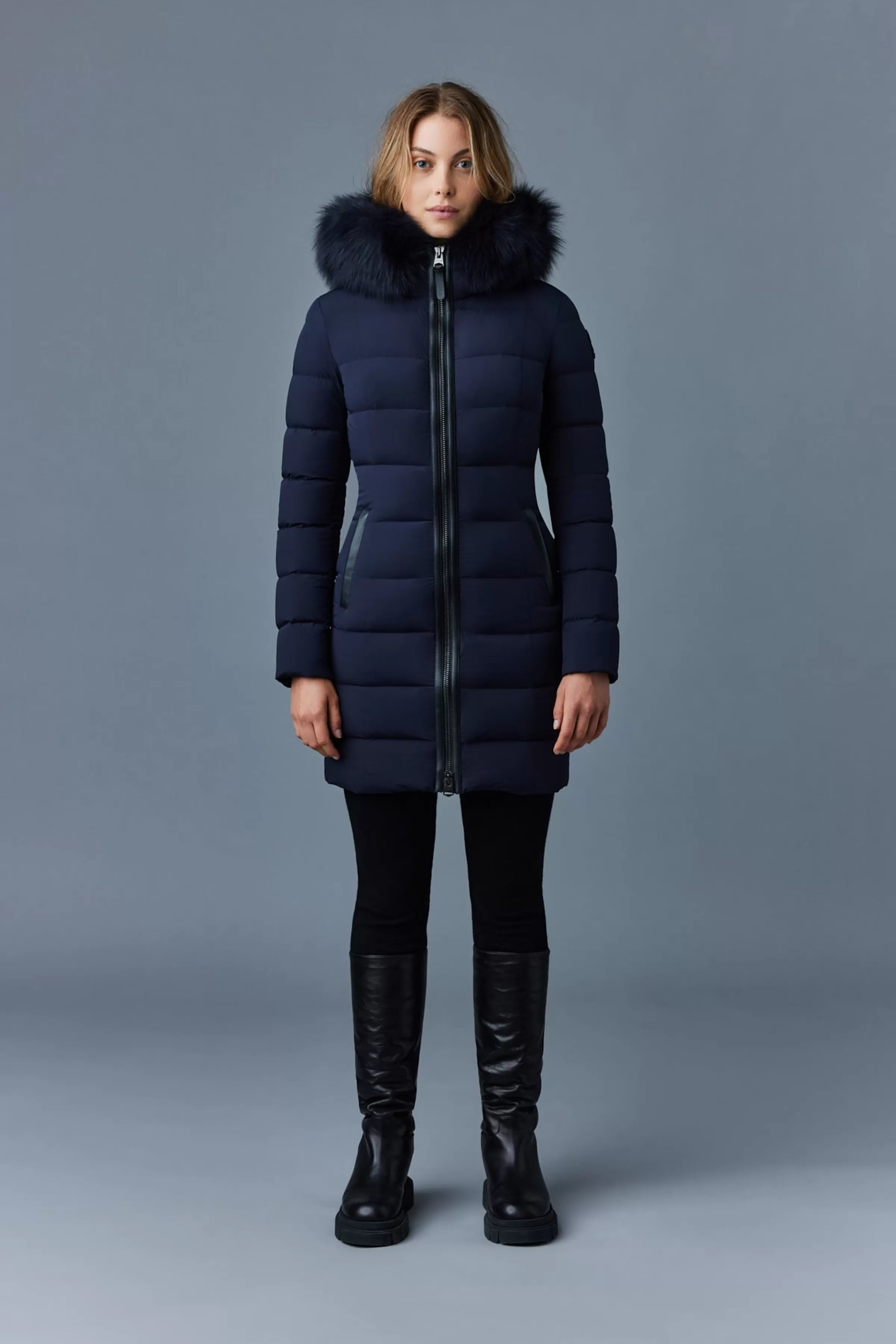 Calla, Agile-360 Stretch Light Down Coat With Blue Fox Fur Collar For Ladies | ® US | Mackage Fashion