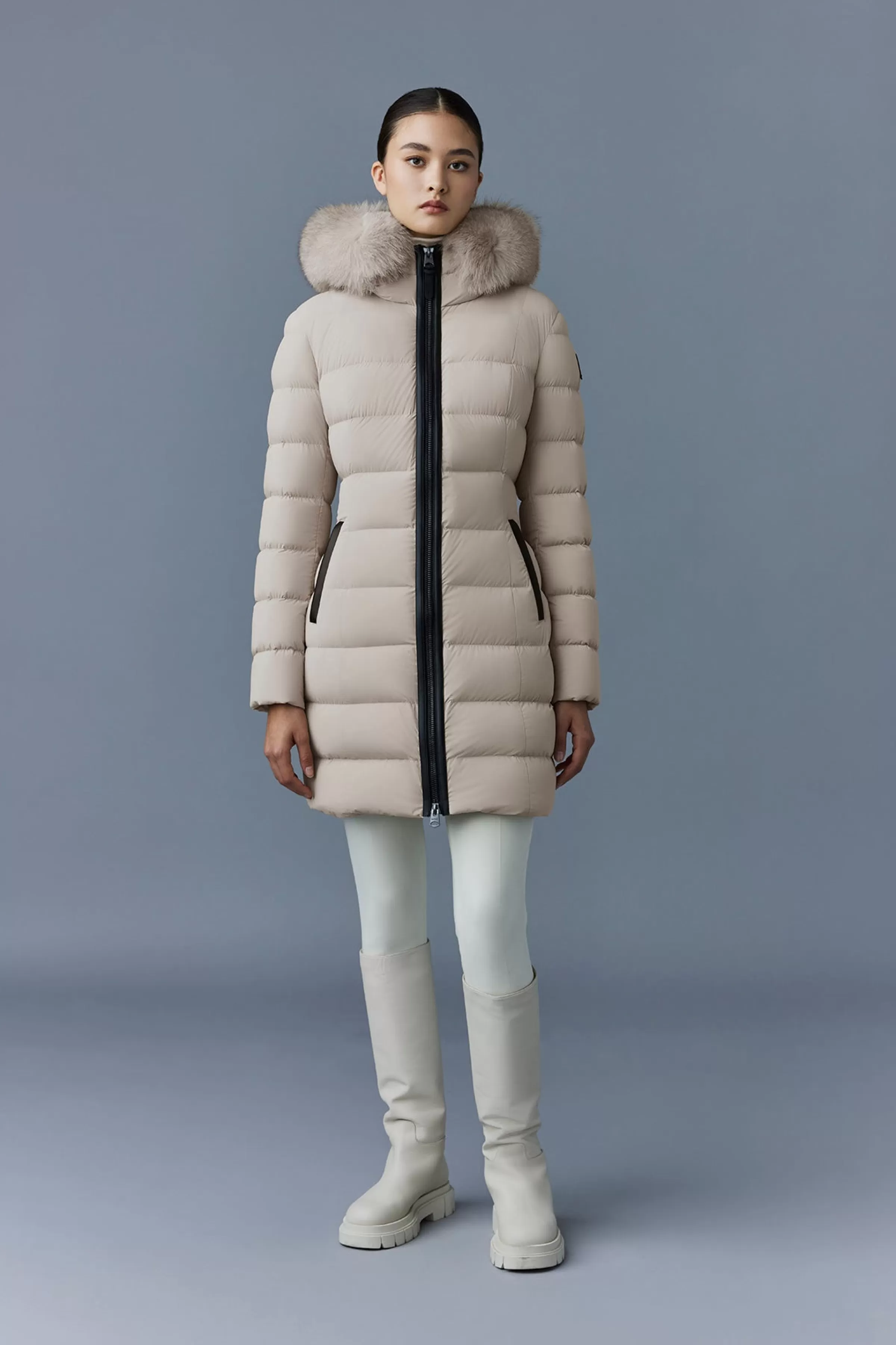 Calla, Agile-360 Stretch Light Down Coat With Blue Fox Fur Collar For Ladies | ® US | Mackage Fashion