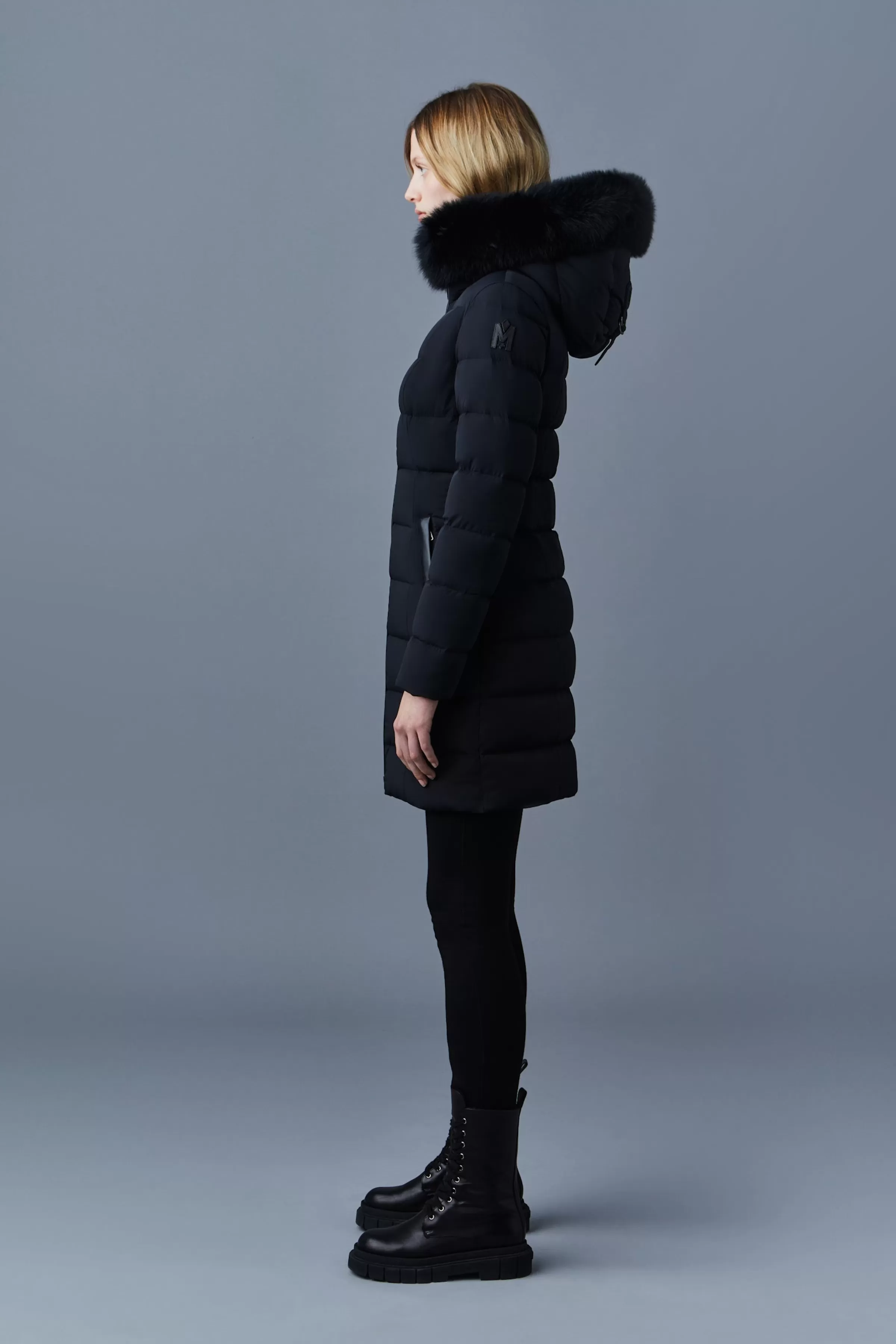 Calla, Agile-360 Stretch Light Down Coat With Blue Fox Fur Collar For Ladies | ® US | Mackage Fashion