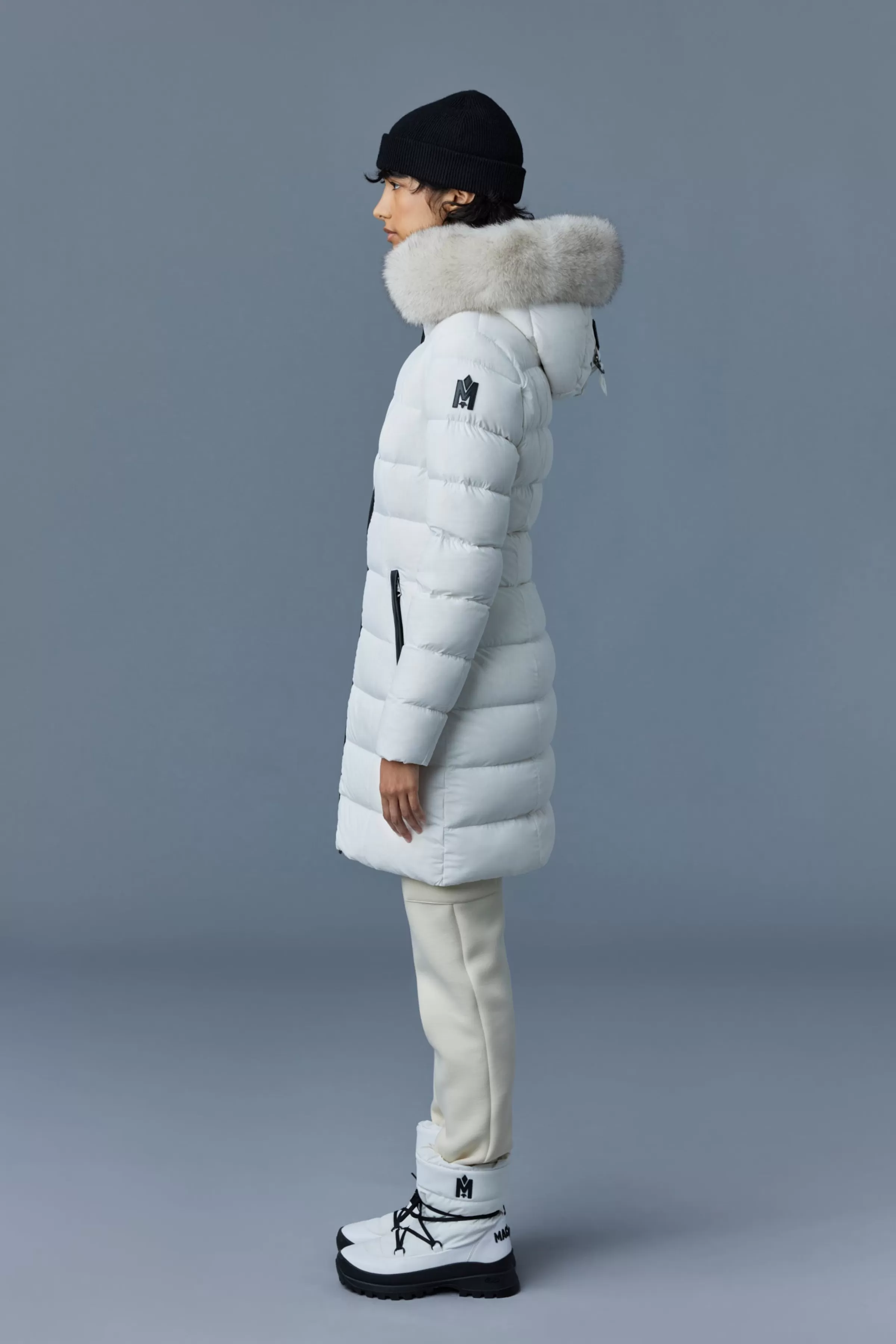 Calla, Agile-360 Stretch Light Down Coat With Blue Fox Fur Collar For Ladies | ® US | Mackage Fashion