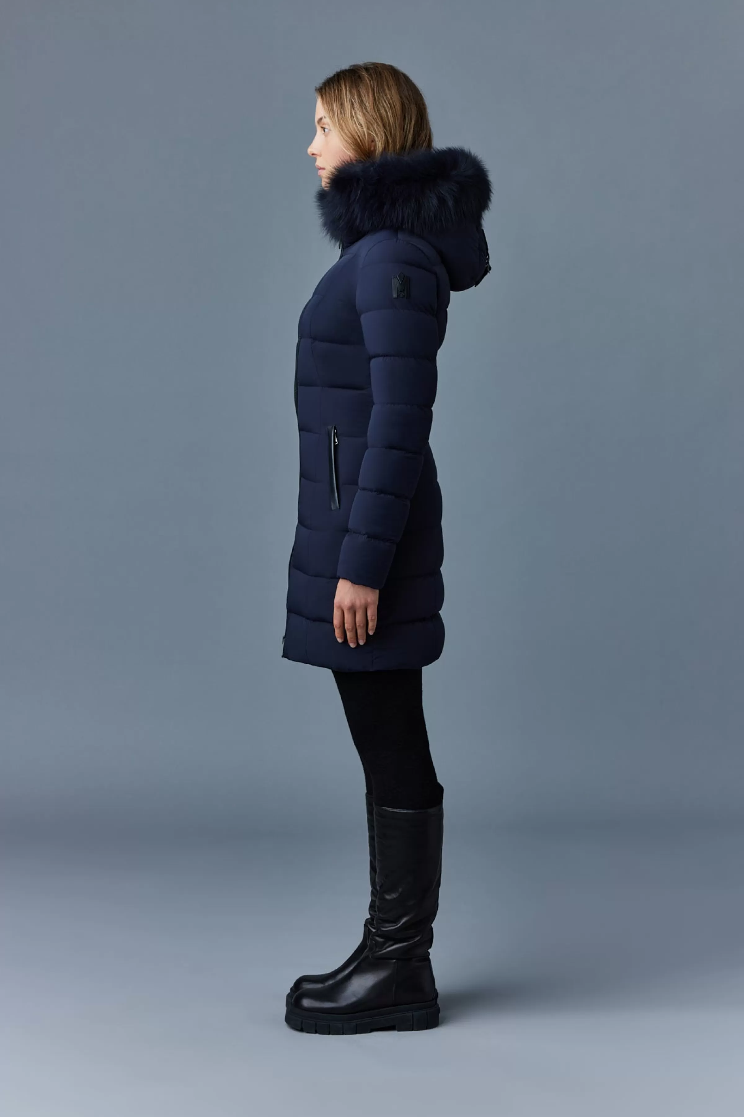 Calla, Agile-360 Stretch Light Down Coat With Blue Fox Fur Collar For Ladies | ® US | Mackage Fashion