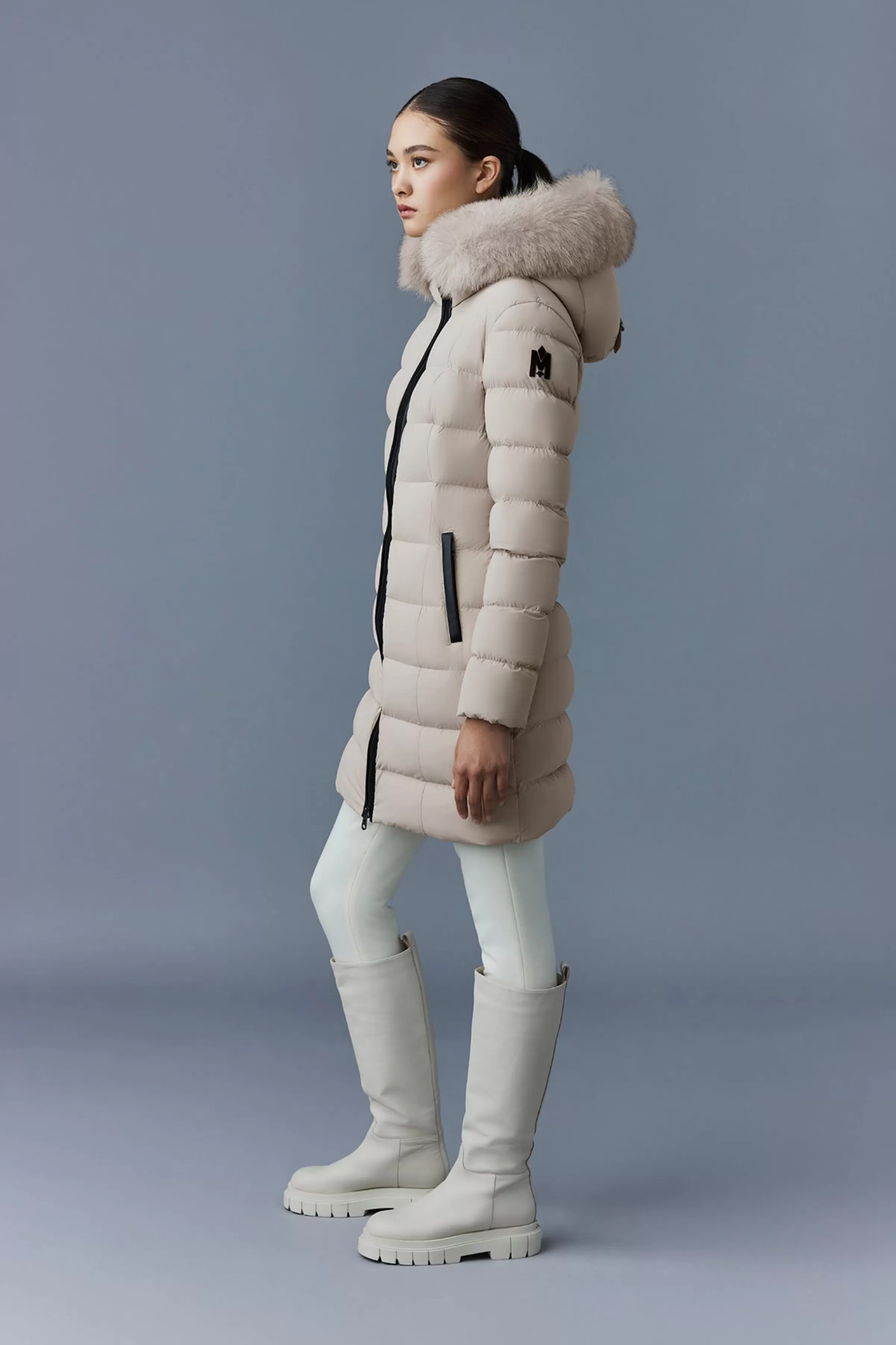 Calla, Agile-360 Stretch Light Down Coat With Blue Fox Fur Collar For Ladies | ® US | Mackage Fashion