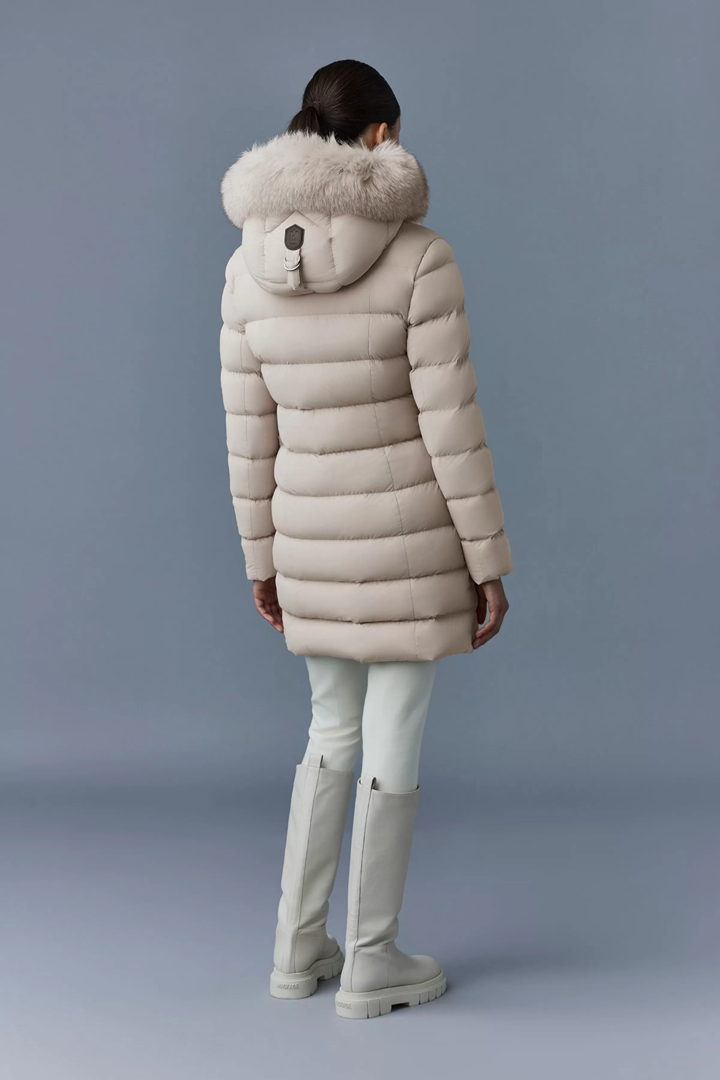 Calla, Agile-360 Stretch Light Down Coat With Blue Fox Fur Collar For Ladies | ® US | Mackage Fashion