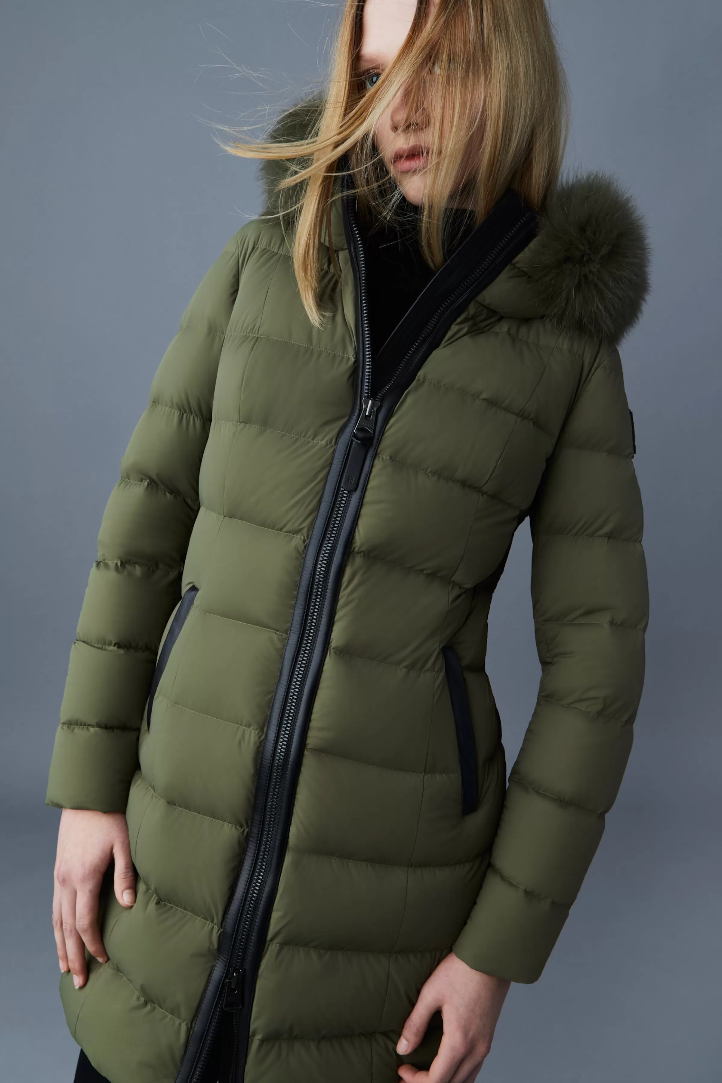 Calla, Agile-360 Stretch Light Down Coat With Blue Fox Fur Collar For Ladies | ® US | Mackage Fashion