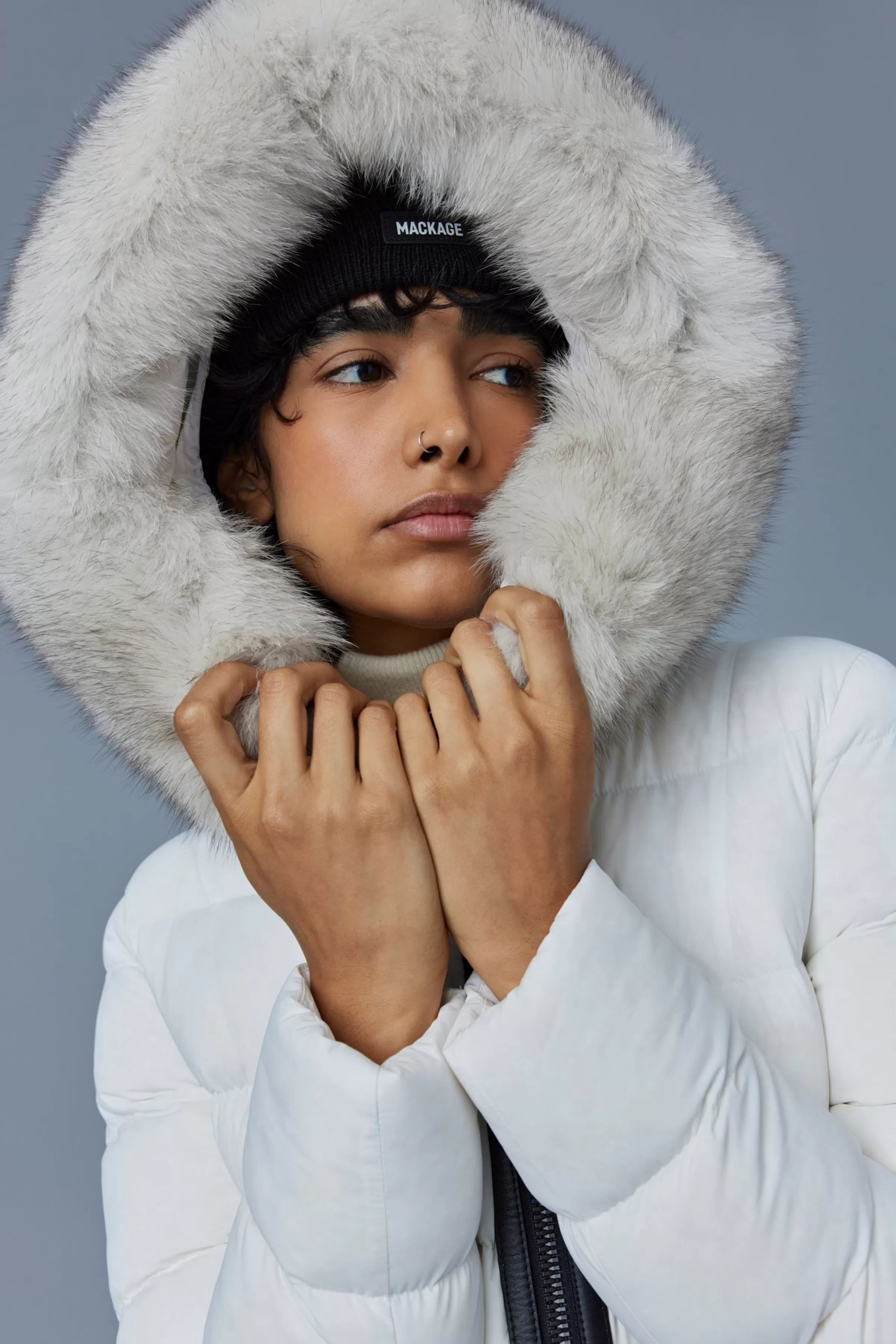 Calla, Agile-360 Stretch Light Down Coat With Blue Fox Fur Collar For Ladies | ® US | Mackage Fashion