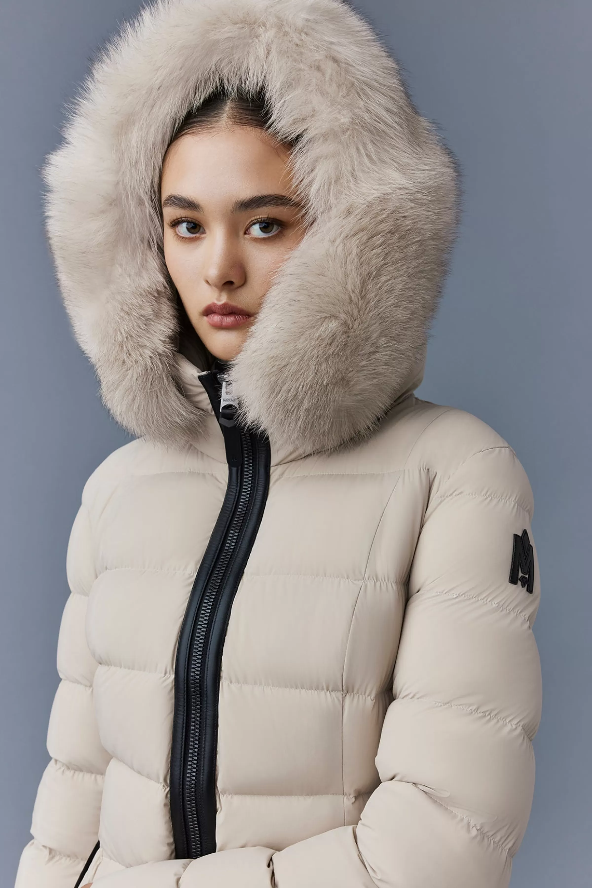 Calla, Agile-360 Stretch Light Down Coat With Blue Fox Fur Collar For Ladies | ® US | Mackage Fashion