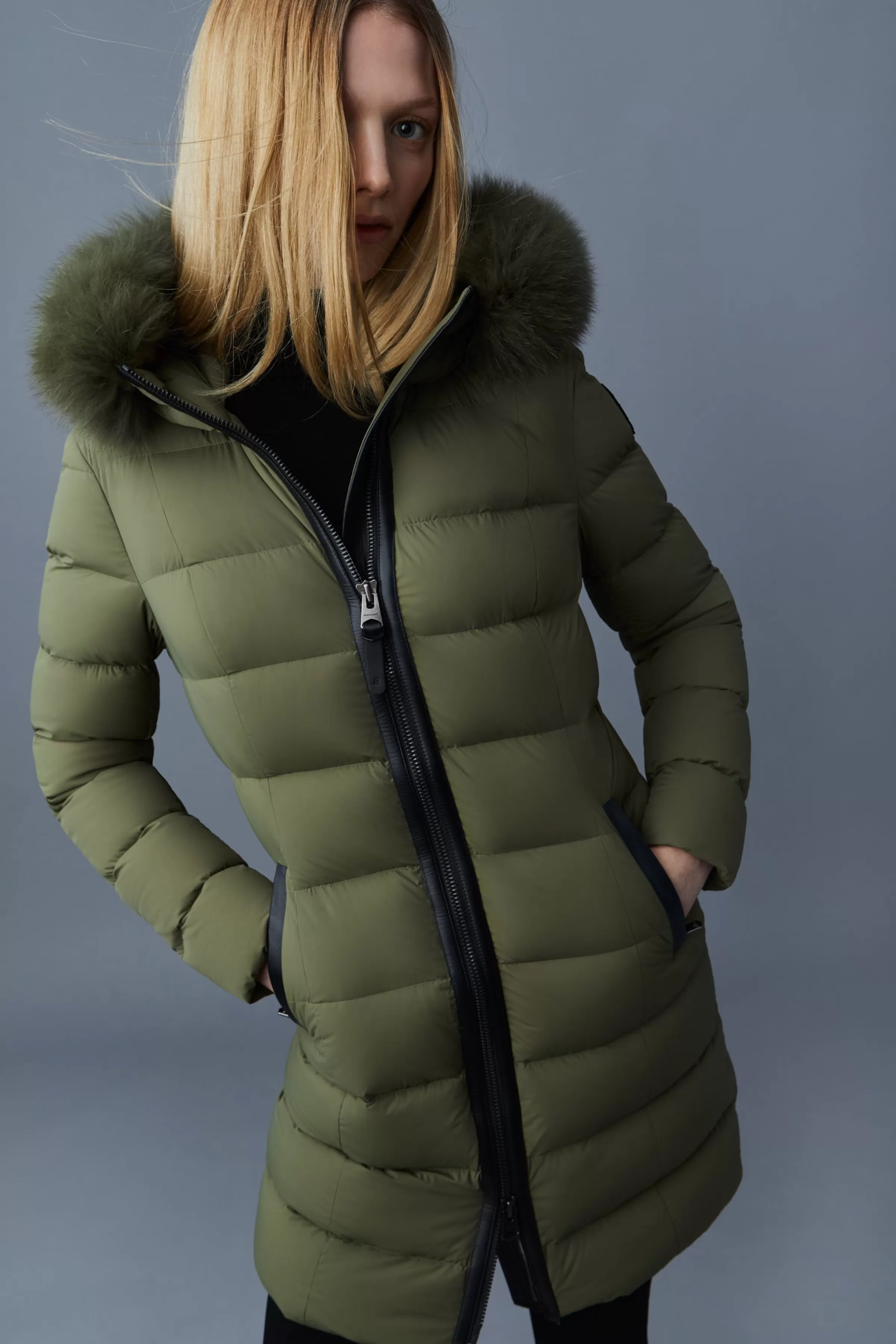 Calla, Agile-360 Stretch Light Down Coat With Blue Fox Fur Collar For Ladies | ® US | Mackage Fashion