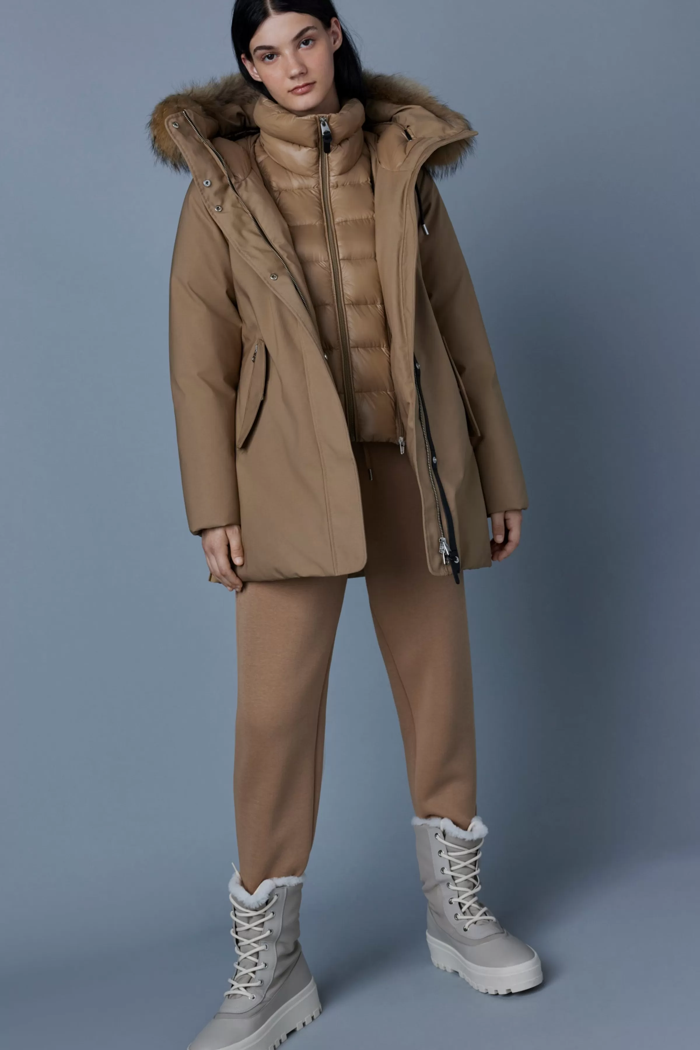 Kinslee, 2-in-1 Oversized Down Parka With Bib And Natural Fur For Ladies | ® US | Mackage Outlet