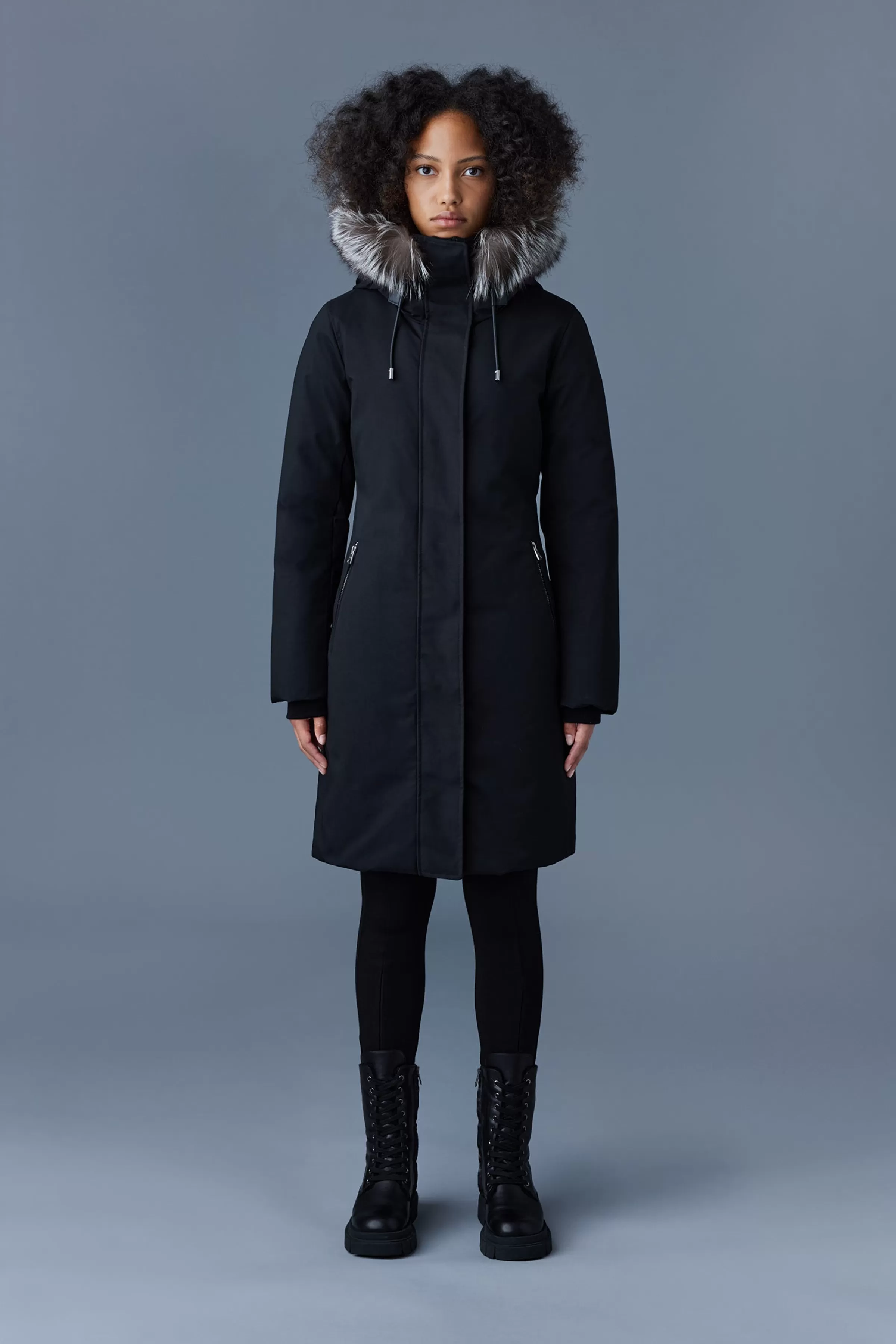 Shiloh, 2-in-1 Fitted Down Coat With Removable Bib And Silver Fox Fur For Ladies | ® US | Mackage Clearance
