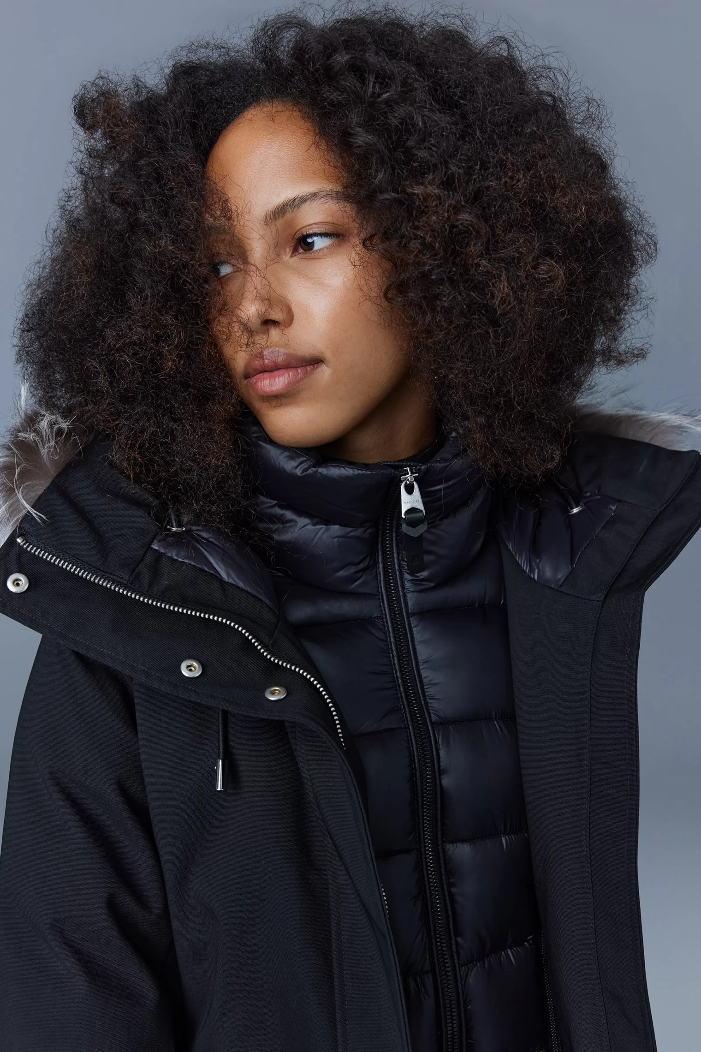 Shiloh, 2-in-1 Fitted Down Coat With Removable Bib And Silver Fox Fur For Ladies | ® US | Mackage Clearance