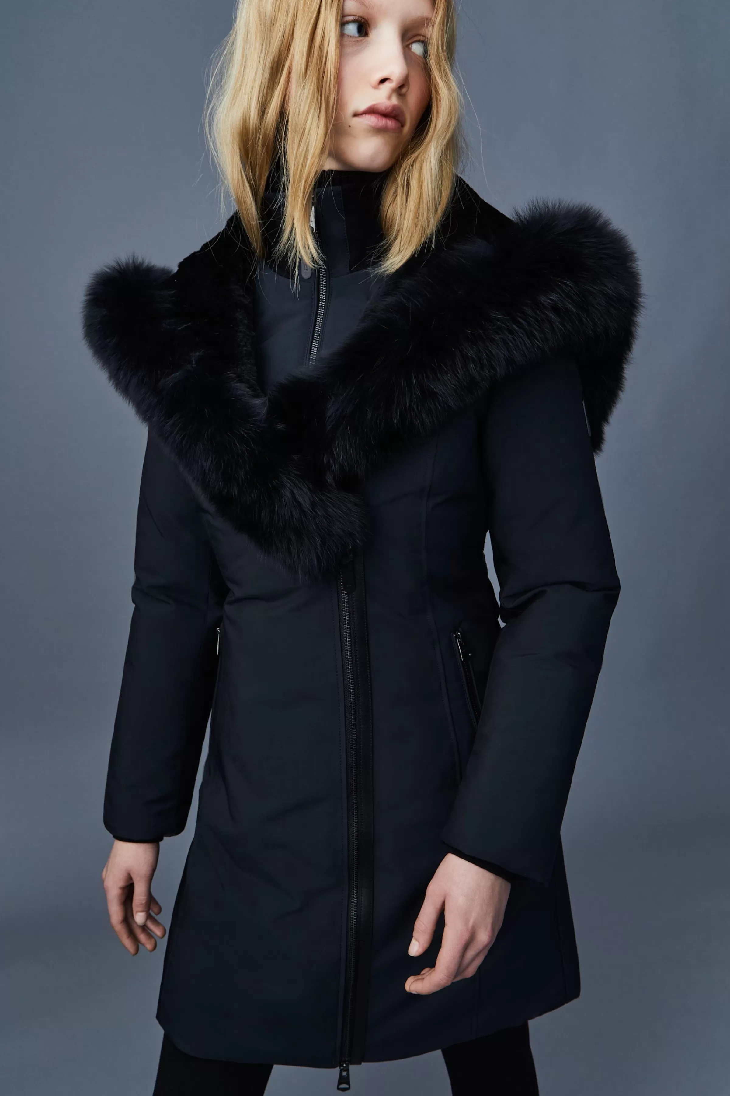 Trish, Powder Touch Down Coat With Blue Fox Fur Signature Collar For Ladies | ® US | Mackage Shop