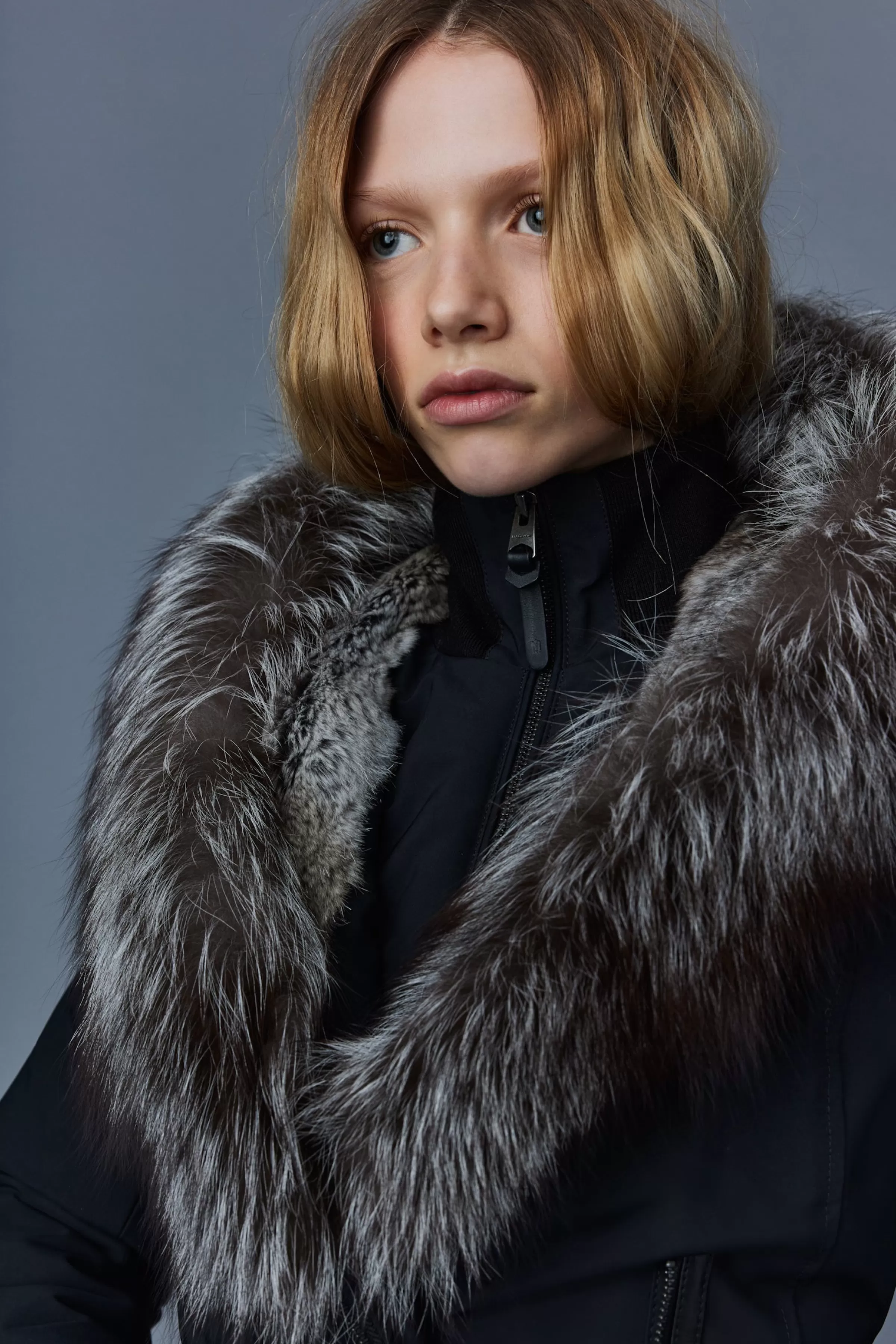Trish, Powder Touch Down Coat With Silver Fox Fur Signature Collar For Ladies | ® US | Mackage Store